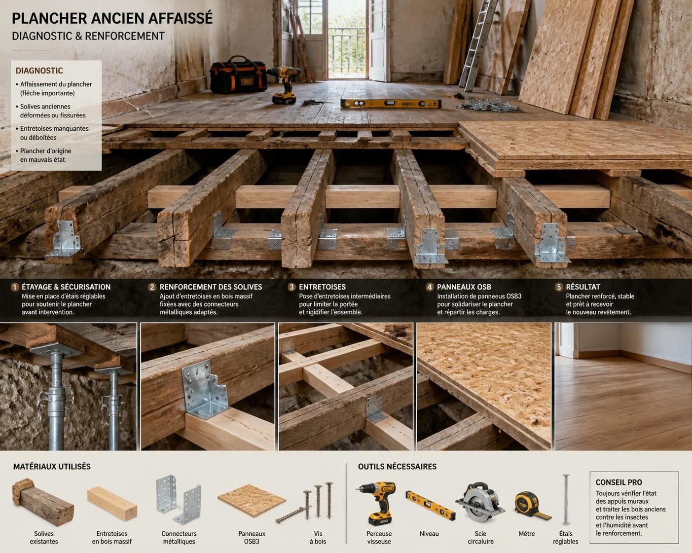 découvrez des méthodes efficaces pour renforcer un solivage en bois affaissé sans avoir à démolir la structure, avec des conseils pratiques et astuces de professionnels.