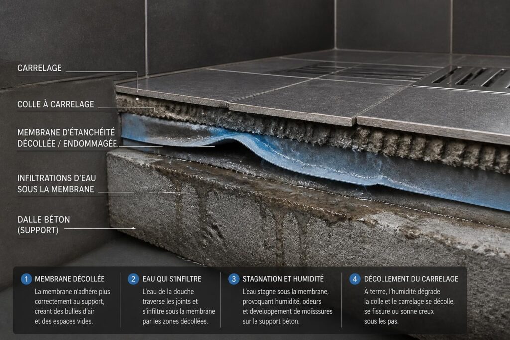 découvrez les causes courantes du décollement de l'étanchéité sous carrelage dans une douche italienne et les solutions pour éviter les infiltrations d'eau et garantir une salle de bain durable.