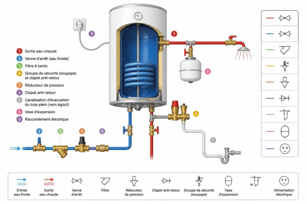 découvrez notre guide illustré avec un schéma complet pour l'installation et les raccordements essentiels d'un chauffe-eau, étape par étape et facile à suivre.